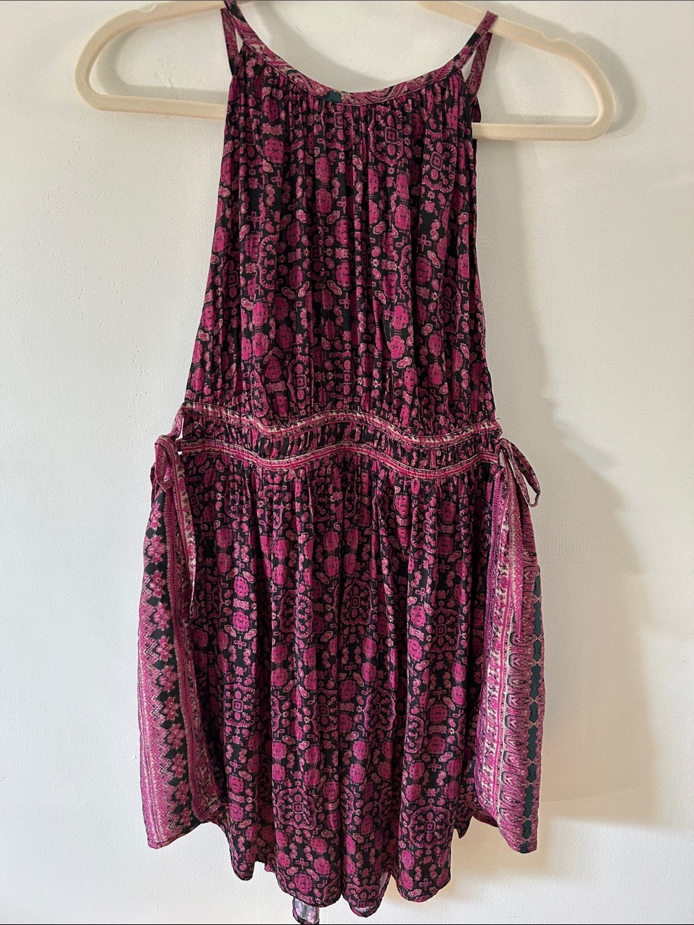Free People Midsummer’s Day Mini Dress Tunic Magenta Floral Open Back Size M